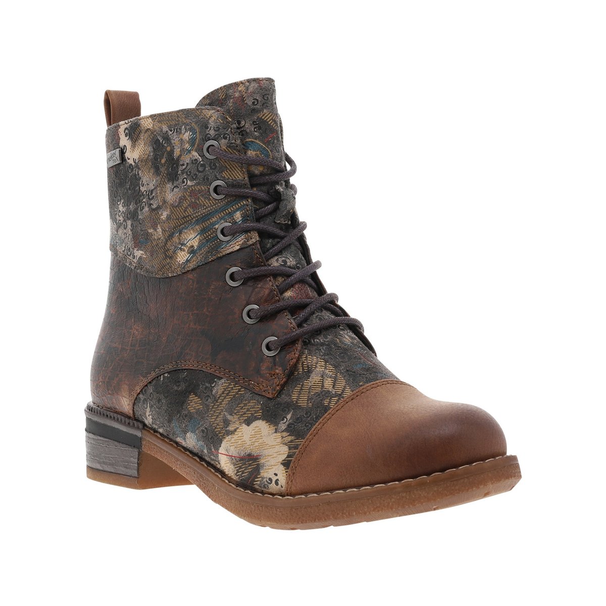 Bottines noisette avec imprimé à talon décroché bas avec lacets et zip latéral noisette, RIEKER