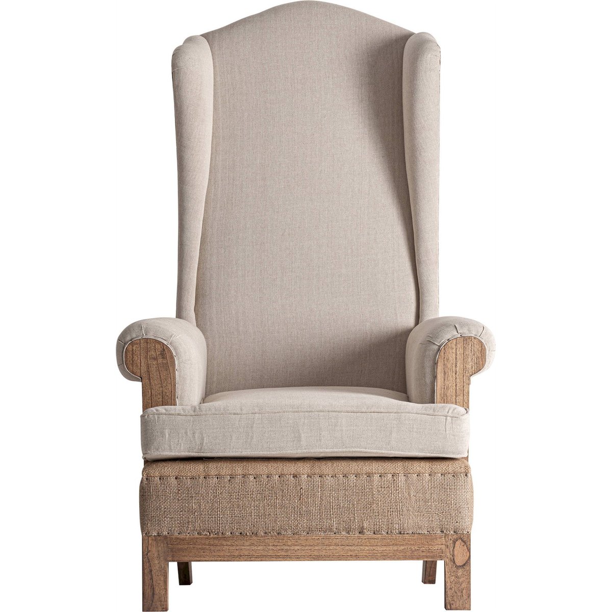 Fauteuil classique haut dossier bois et lin lin crème et bois marron, RECOLLECTION