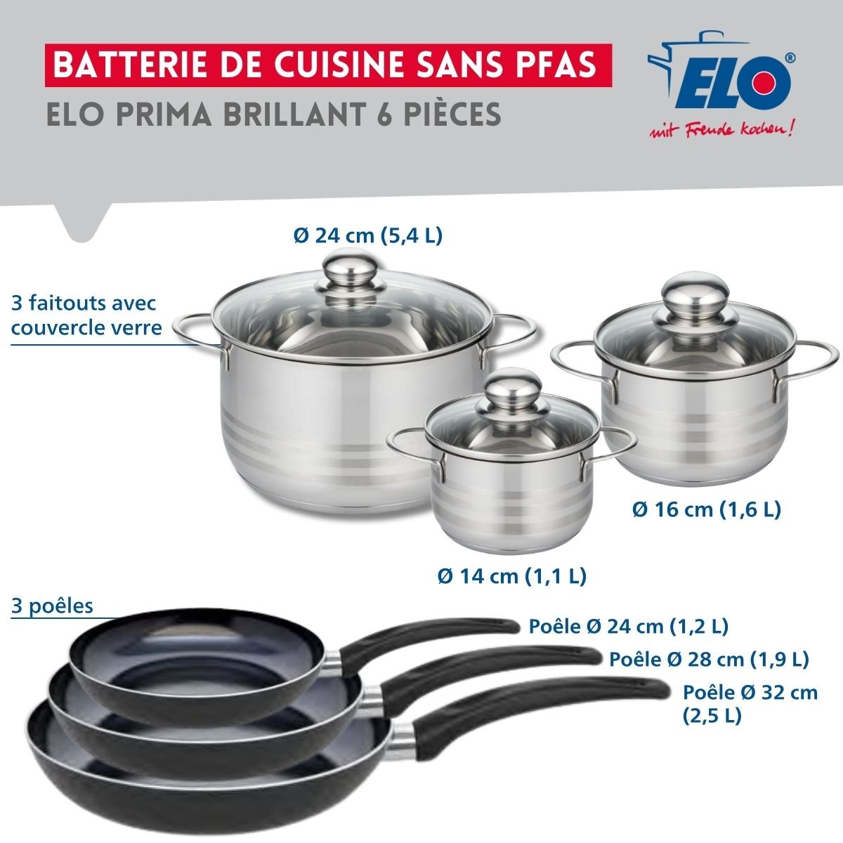 3 poêles 24/28/32cm + 3 faitouts 14/16/24cm PRIMA BRILLANT noir, ELO