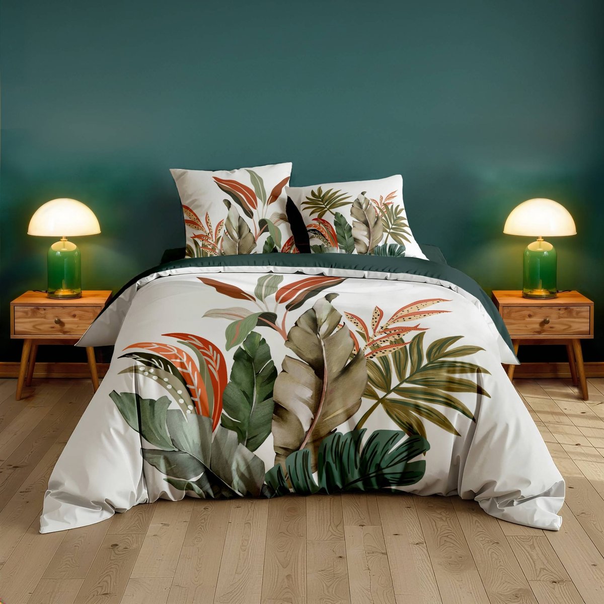 Parure de lit 3 pièces 100 % coton imprimé à motif tropical housse + taies vert, DOUCEUR D'INTÉRIEUR