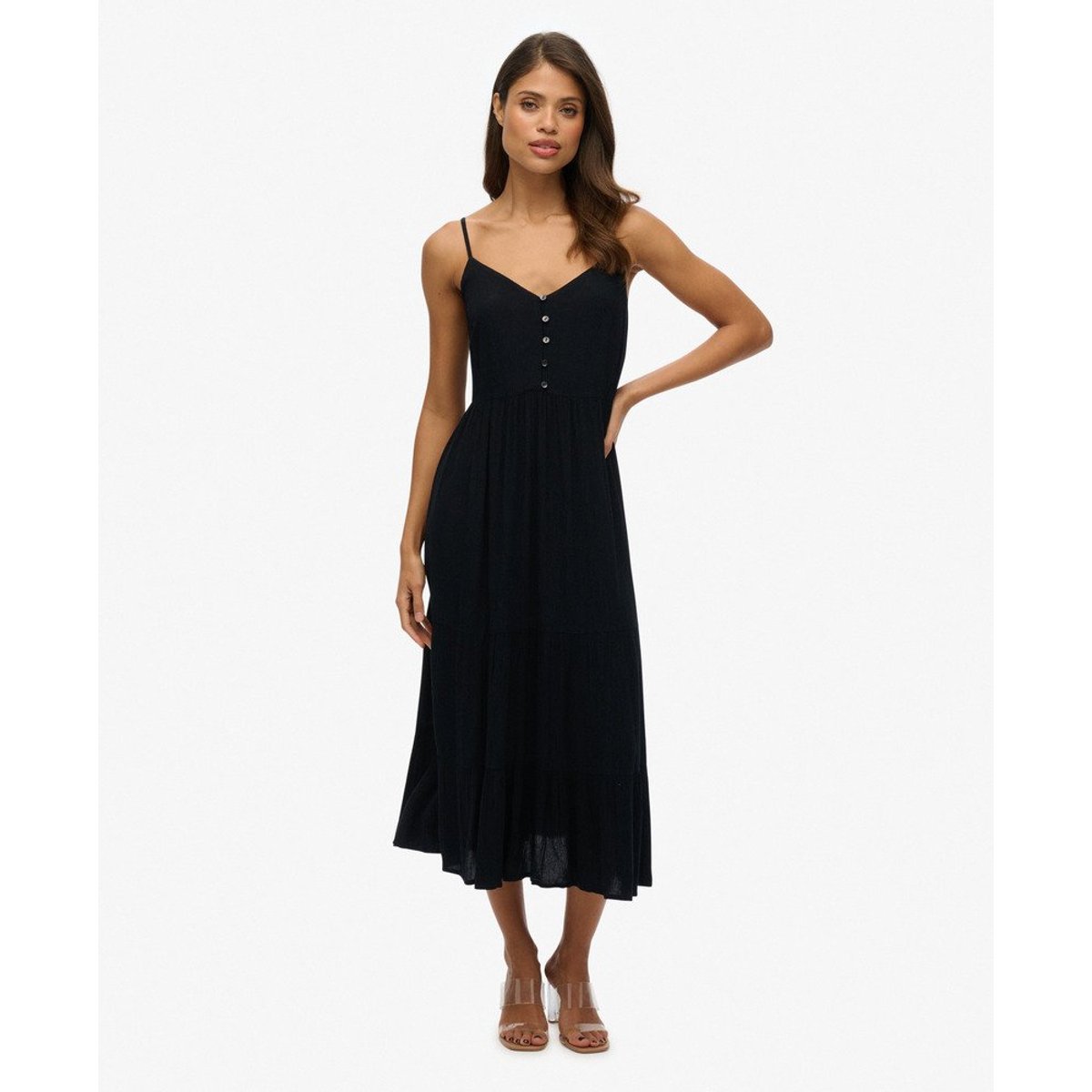 Robe mi-longue semi-boutonnée à volants noir, SUPERDRY
