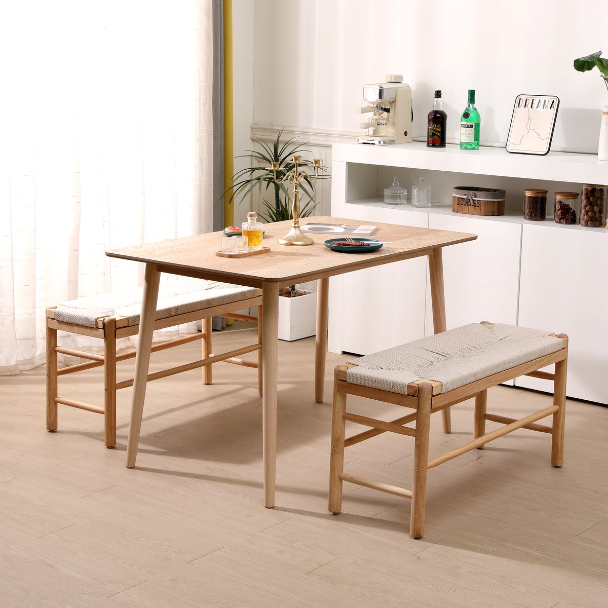 Banc avec rangement, en bois et corde, SANTA bois naturel, NORDLYS