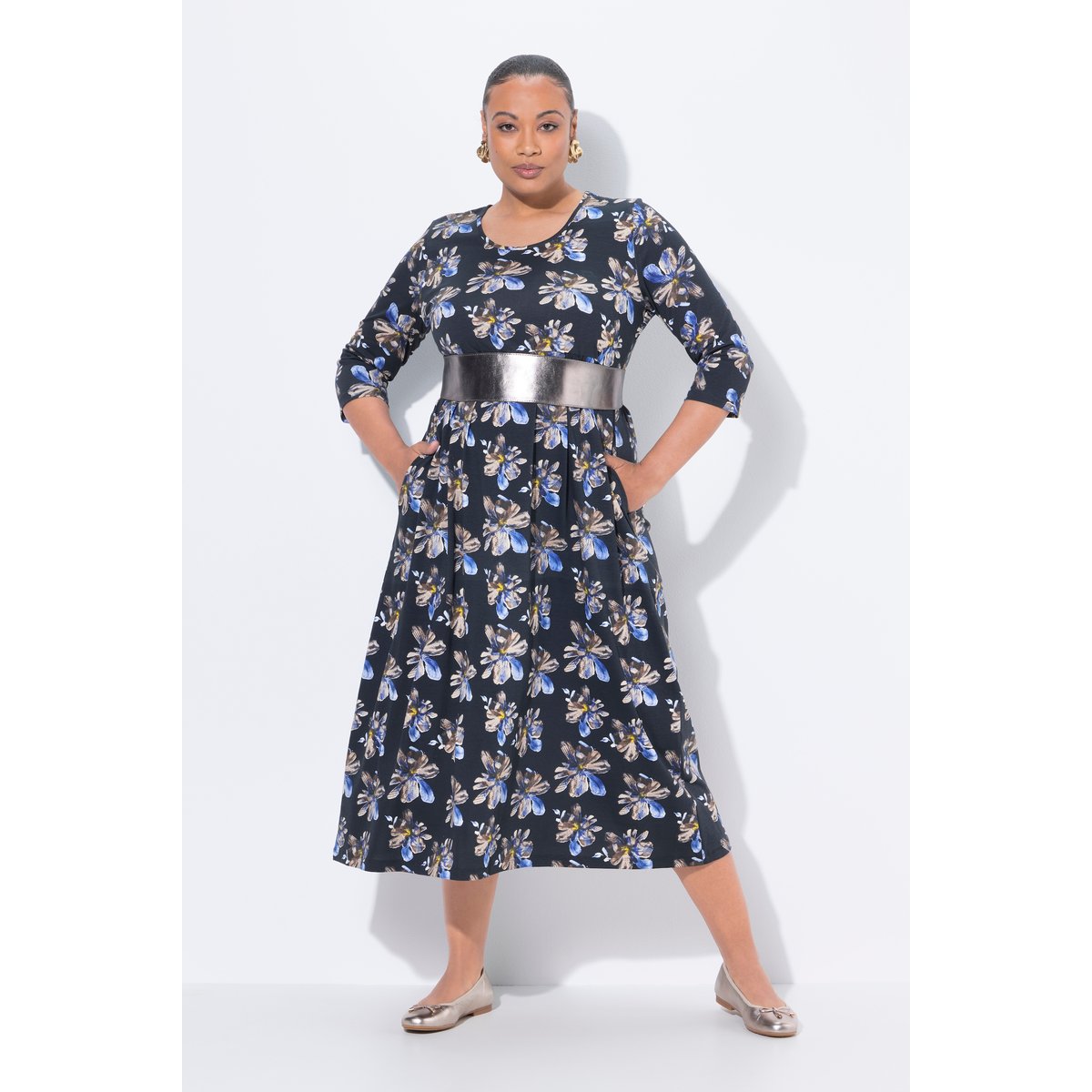 Robe maxi en jersey, motif à fleurs, poches noir, ULLA POPKEN