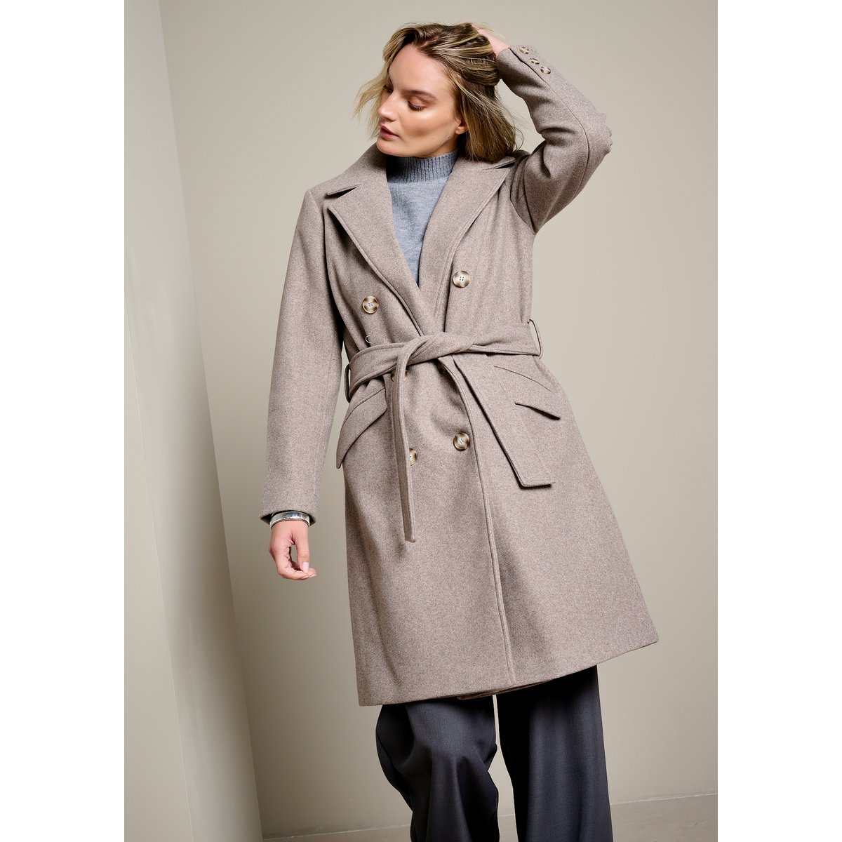 Manteau croisé ceinturé taupe, LOLALIZA