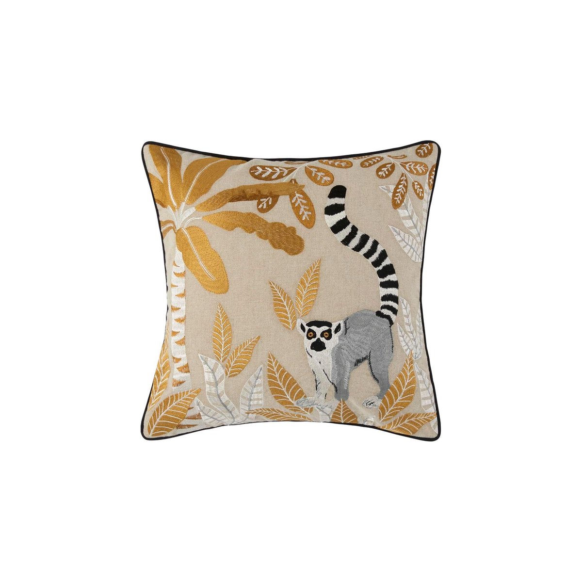Housse De Coussin en Coton brodé, finition passepoil MADAGASCAR naturel et ocre, MADURA