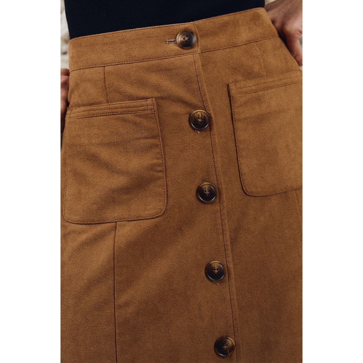 Jupe mi-longue boutonnée en suédine camel, MOLLY BRACKEN