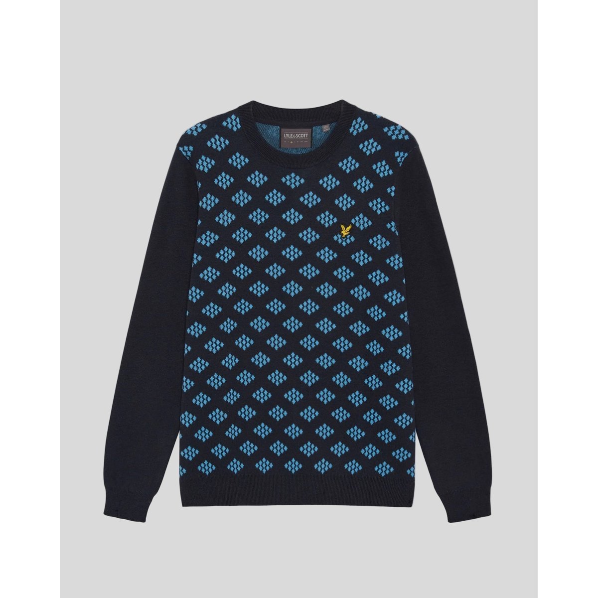 Pull en coton col rond à losanges bleu foncé marine, LYLE & SCOTT