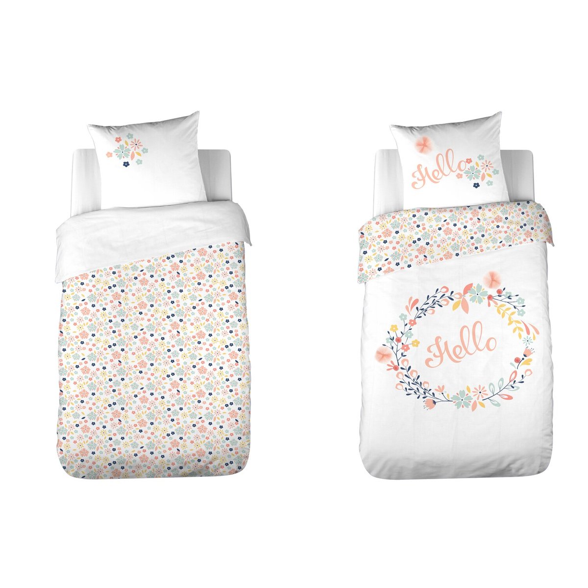 Parure de lit enfant coton, Hello rose, gris, blanc, C DESIGN HOME TEXTILE