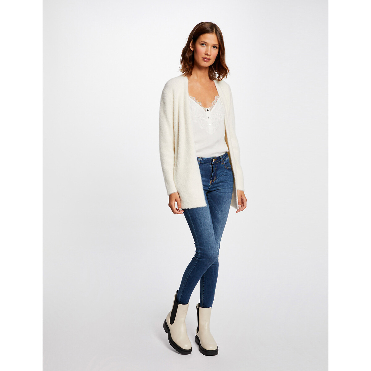 Gilet long maille duveteuse ivoire, MORGAN