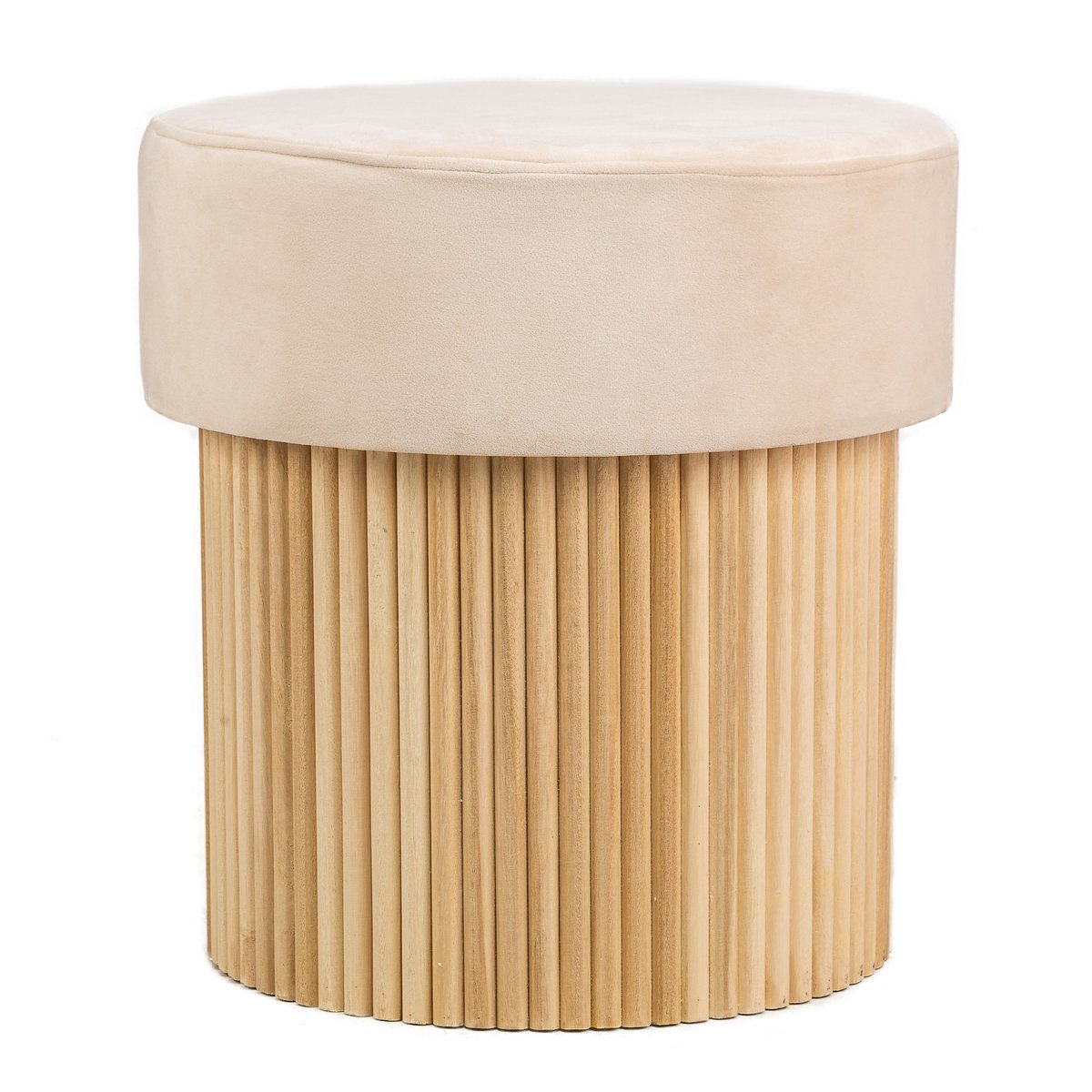 Pouf velours, base en bois, OTSU beige, NORDLYS