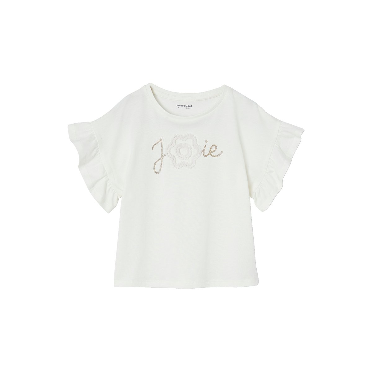 T-shirt cérémonie motif fleur en relief lettres pailletées blanc, VERTBAUDET