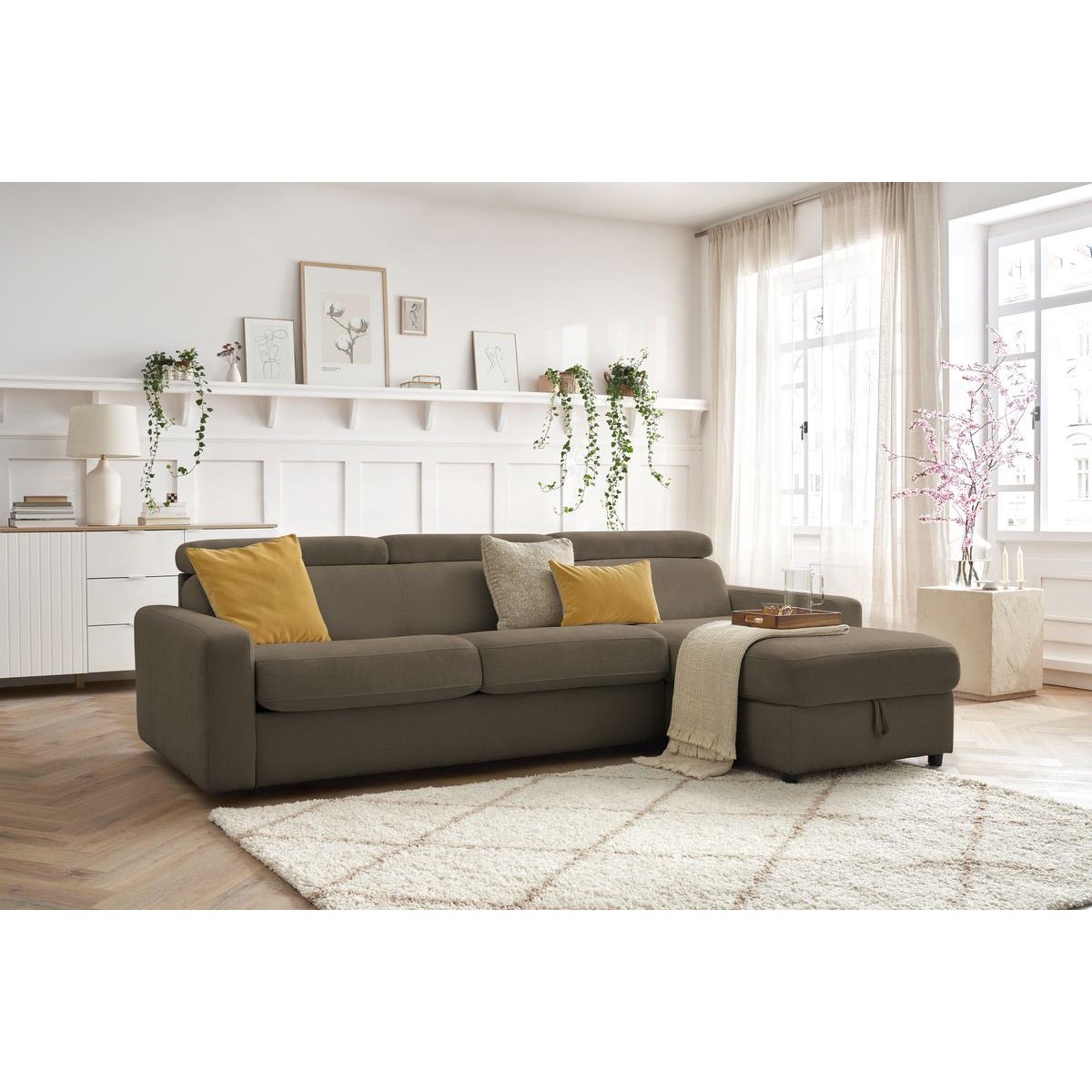 Canapé d'angle convertible 3 places en tissu couchage 140x190 cm, MONACO marron, BOBOCHIC