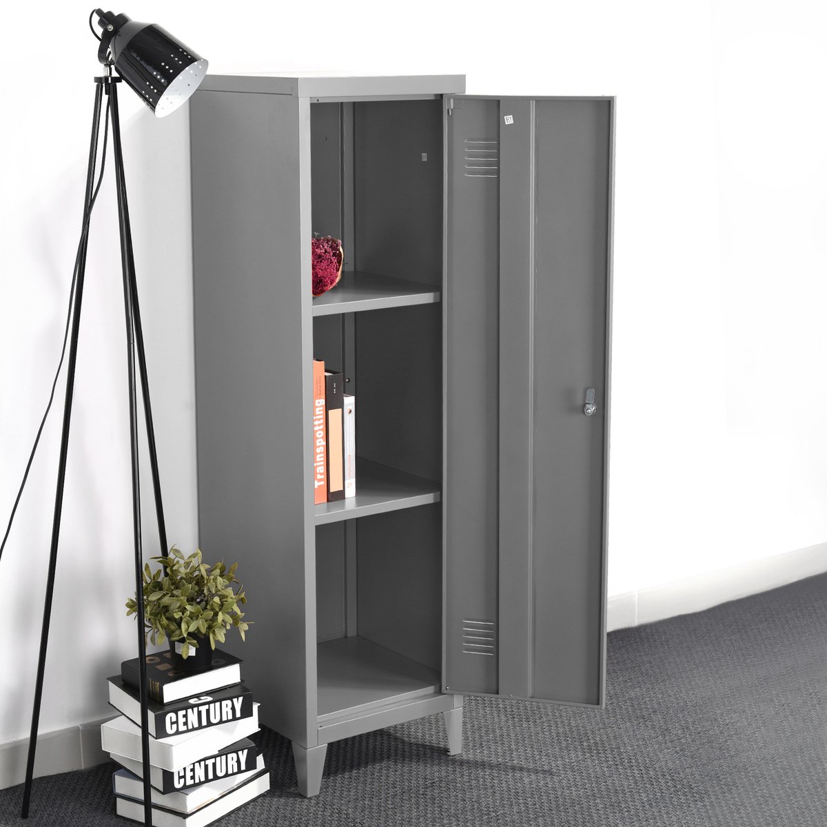 Armoire de rangement en métal 1 porte 3 étagères style industriel, COUNCILBLUFFS gris, MEUBLES COSY