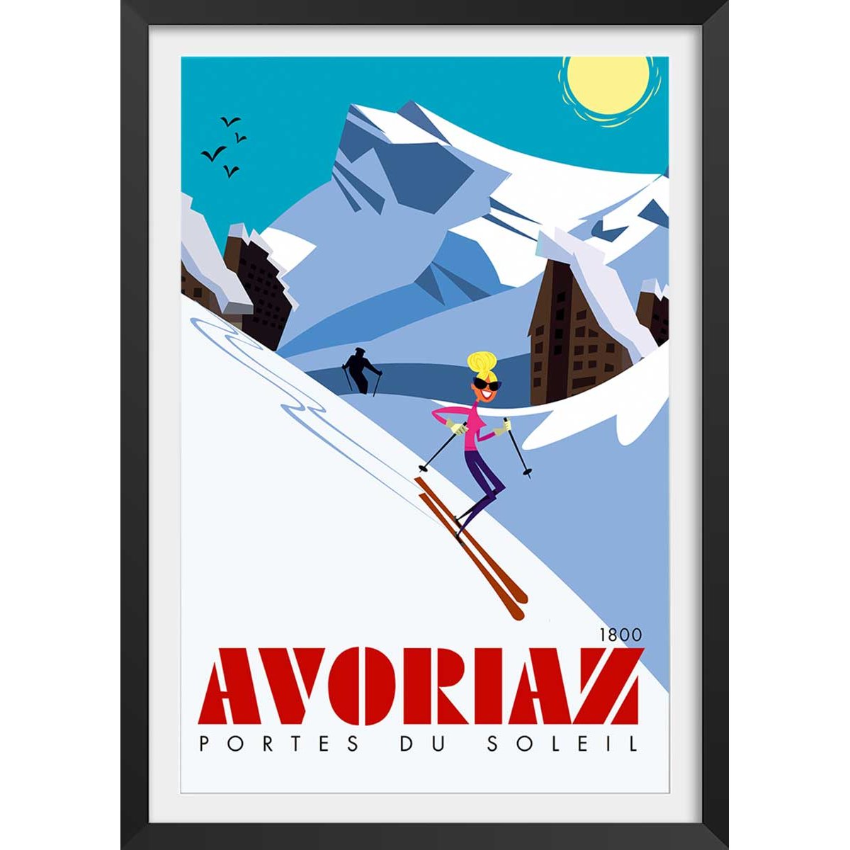 Poster de avoriaz 1800 porte du soleil affiche + cadre en bois - noir, HEXOA