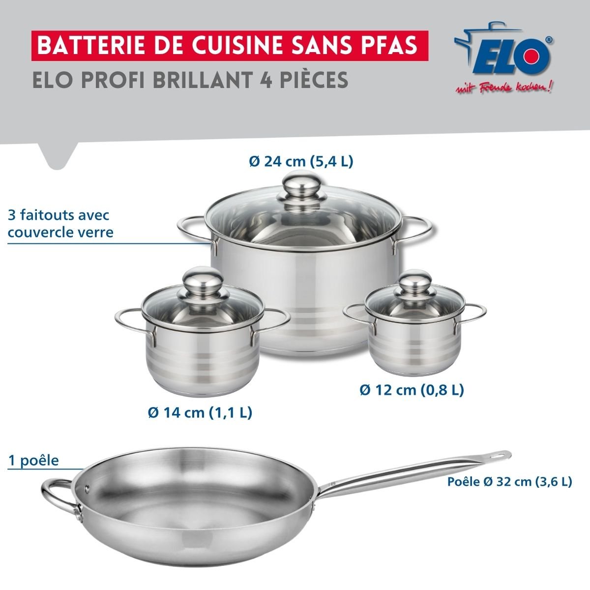 Batterie 1 poêle 32cm + 3 faitouts 12/14/24cm PROFI BRILLANT gris, ELO