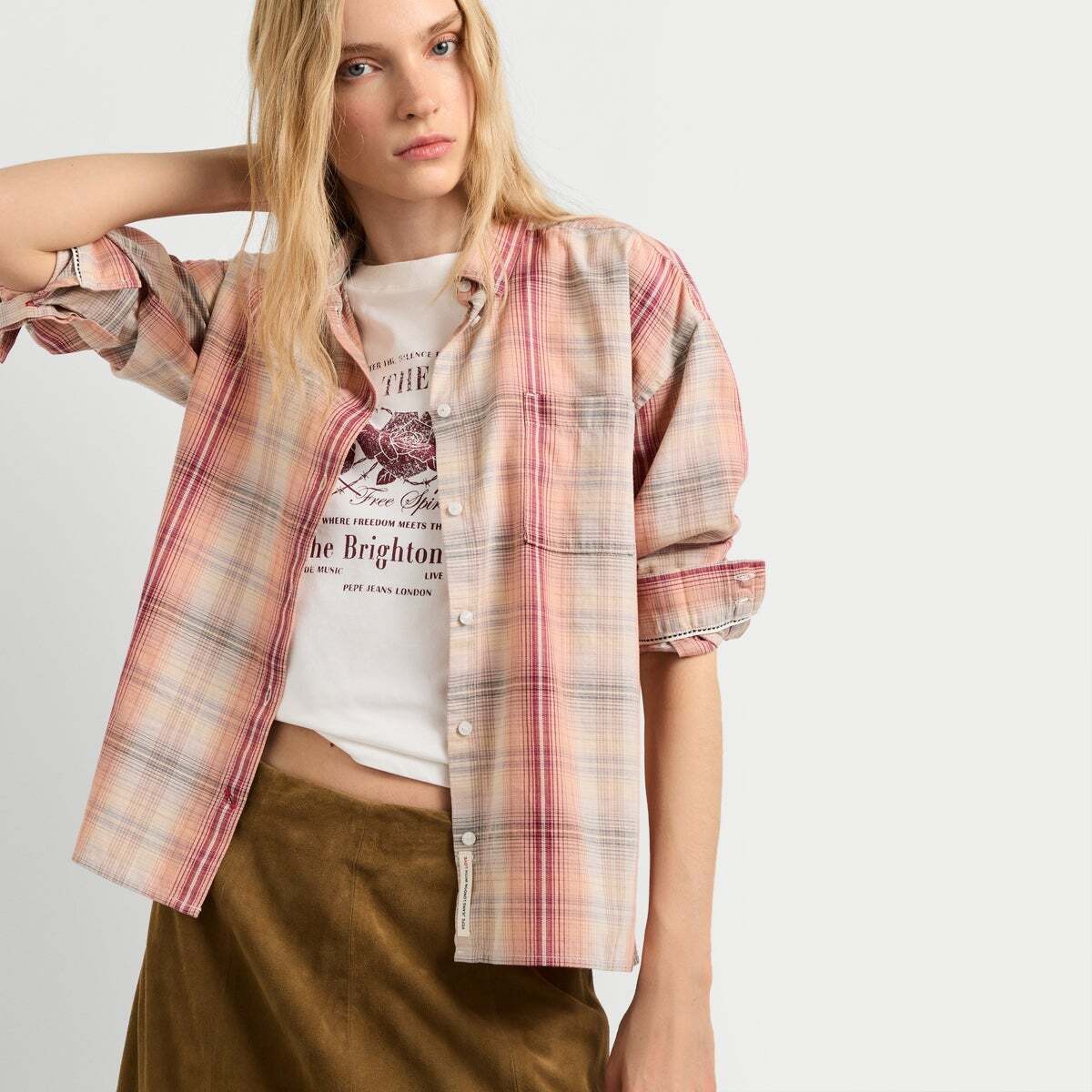 Chemise À Carreaux Avec Logo Brodé brun de trail, PEPE JEANS