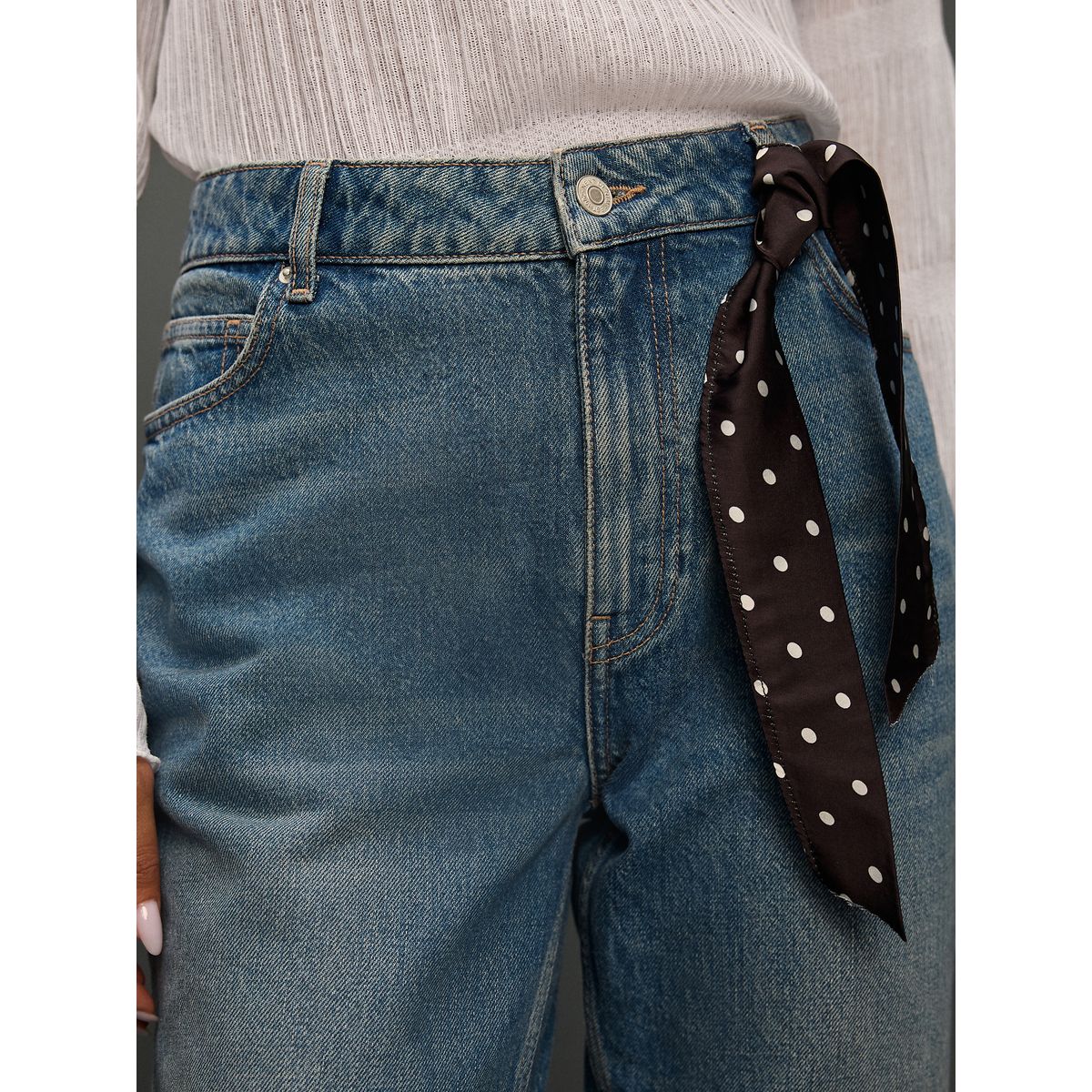 Jean droit longueur cheville taille mi-haute pois bleu moyen, NEXT