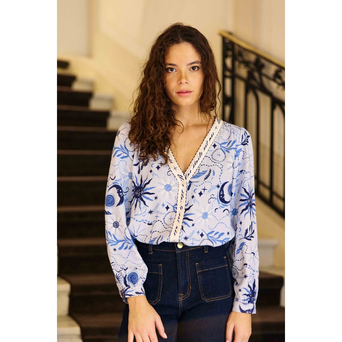 Blouse manches longues col v imprimé graphique BEDRI 21-soleil, LA PETITE ETOILE