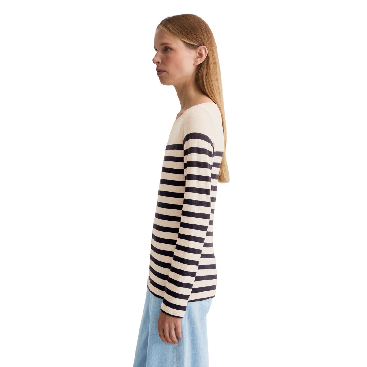T-shirt à rayures longues régulier en jersey slub bleu foncé, MARC O'POLO