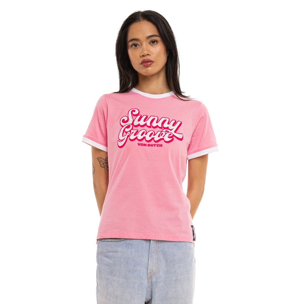 Tee Shirt en coton GROOVY rose/blanc, VON DUTCH