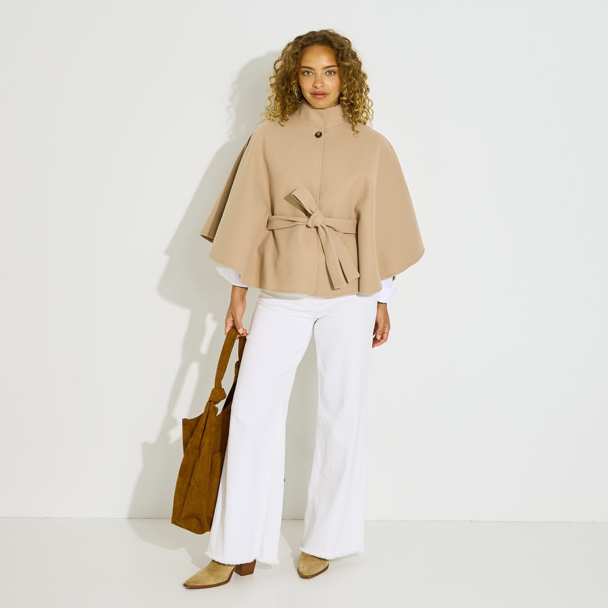 Poncho court ceinturé beige, GRAIN DE MALICE