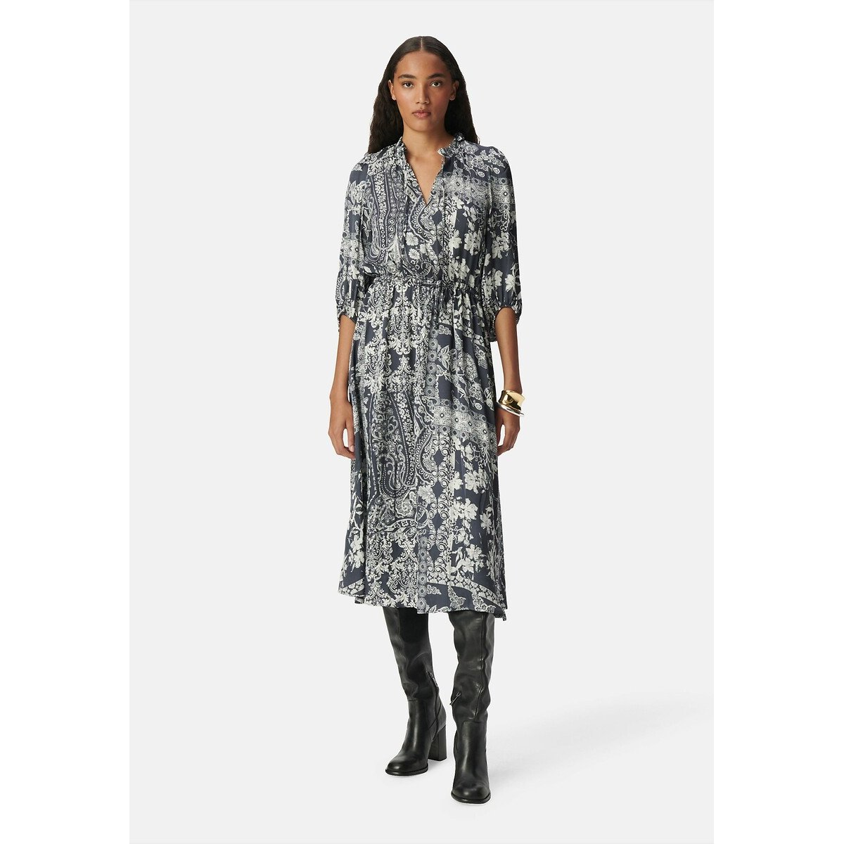 Printed Flared Midi Dress with Elbow-Length Sleeves blue print, IKKS