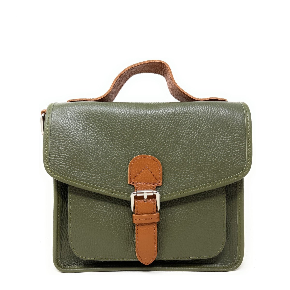 Sac bandoulière cartable en cuir grainé CALVI kaki, OH MY BAG