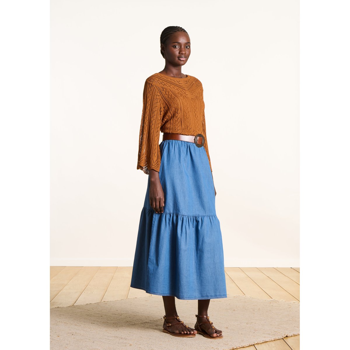 Jupe midi à volants en jean souple medium, LA FEE MARABOUTEE