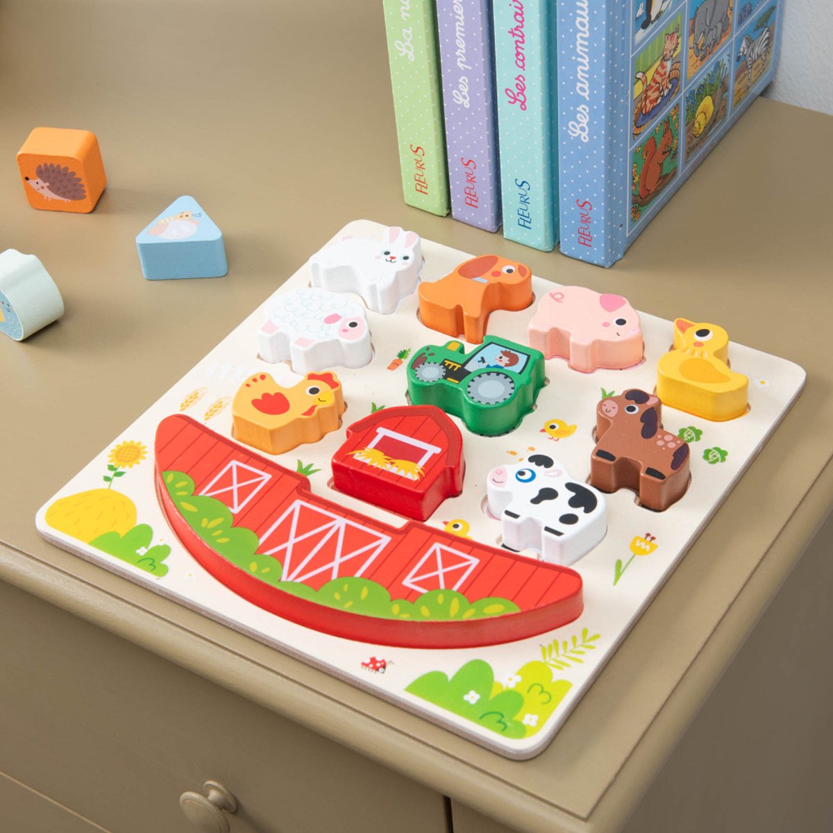 Puzzle équilibre Animaux de la ferme en bois FSC rouge, AMADEUS LES PETITS