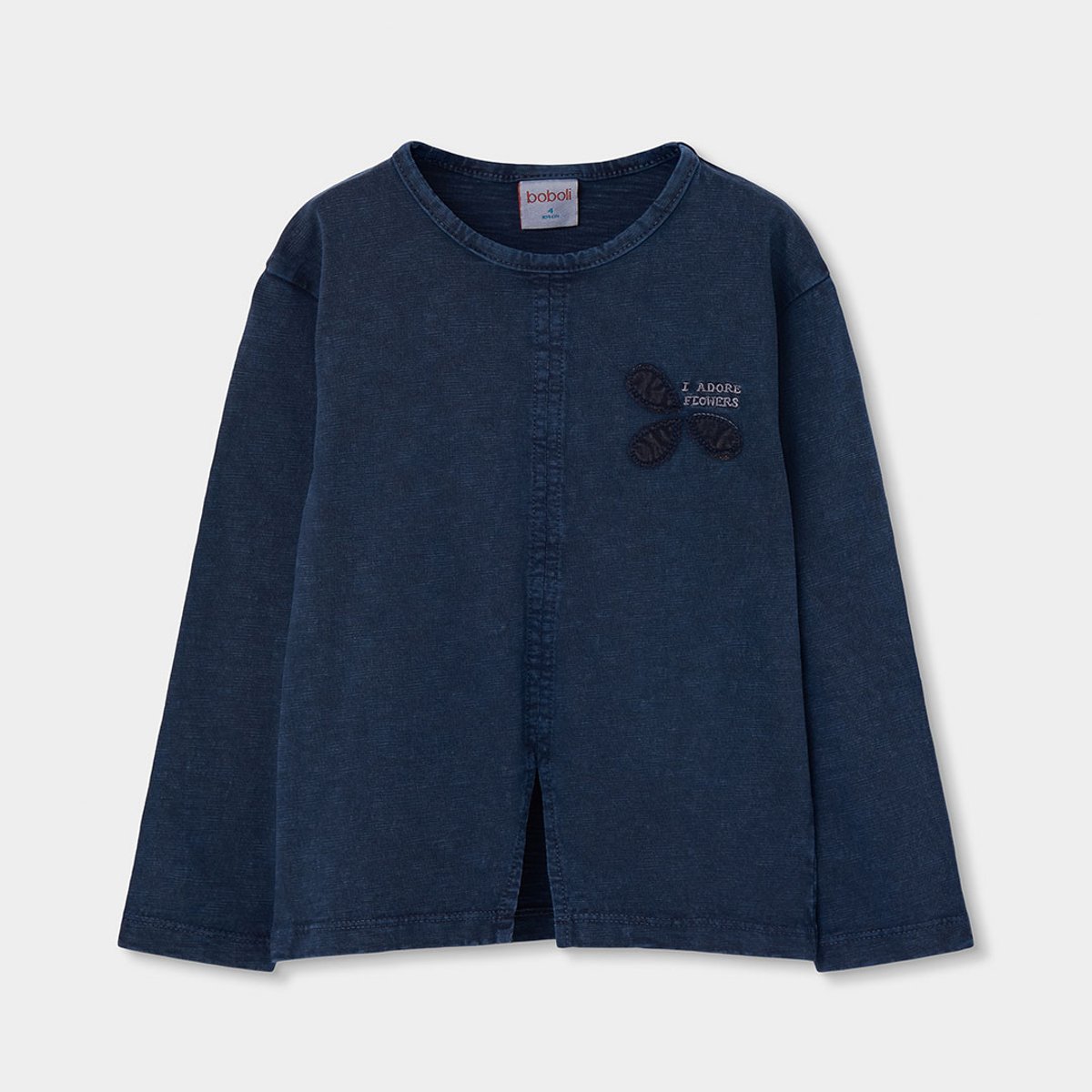 T-shirt fille en maille broderie fleurs bleu, BOBOLI