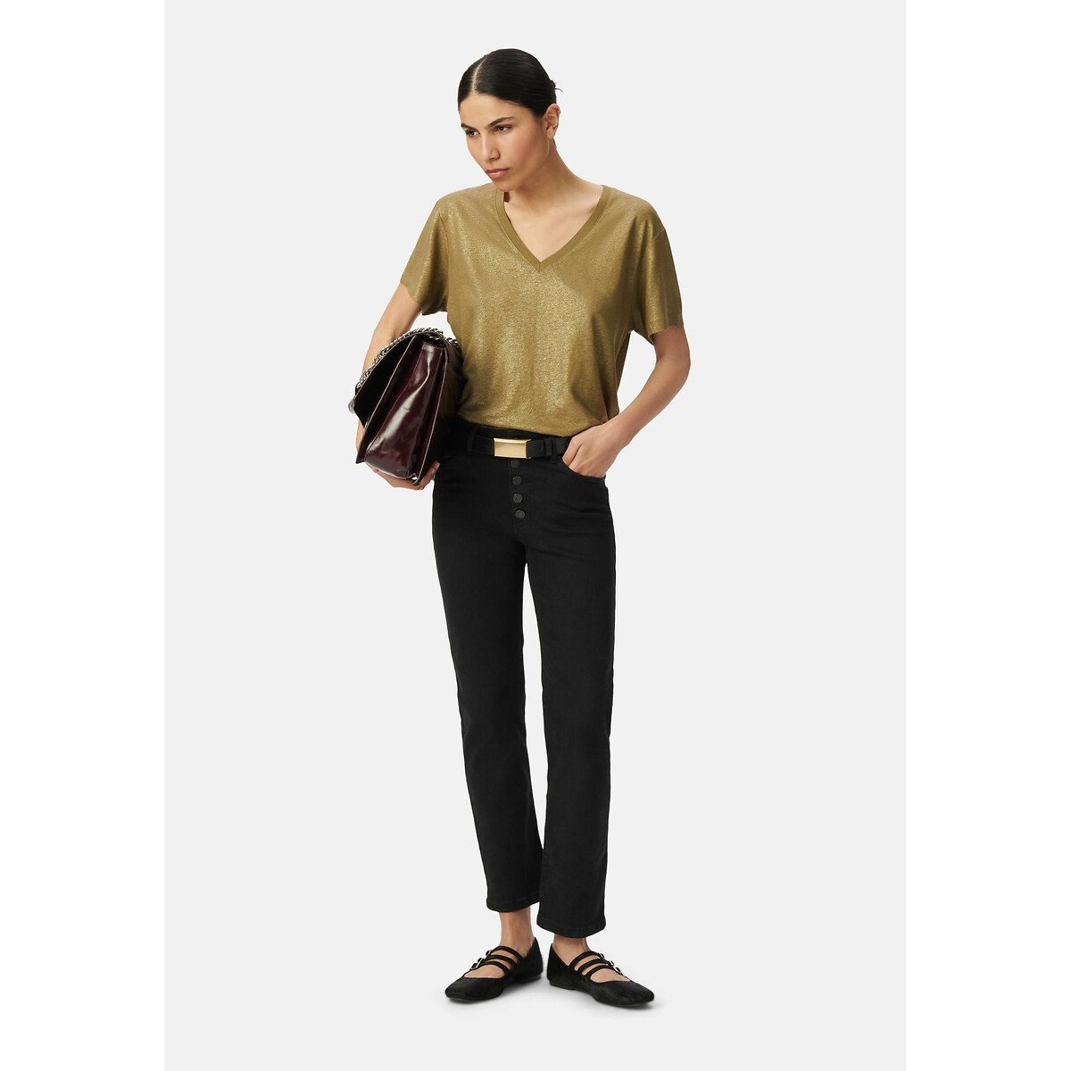 Iridescent Linen/Viscose V-Neck T-Shirt with Short Sleeves khaki, IKKS