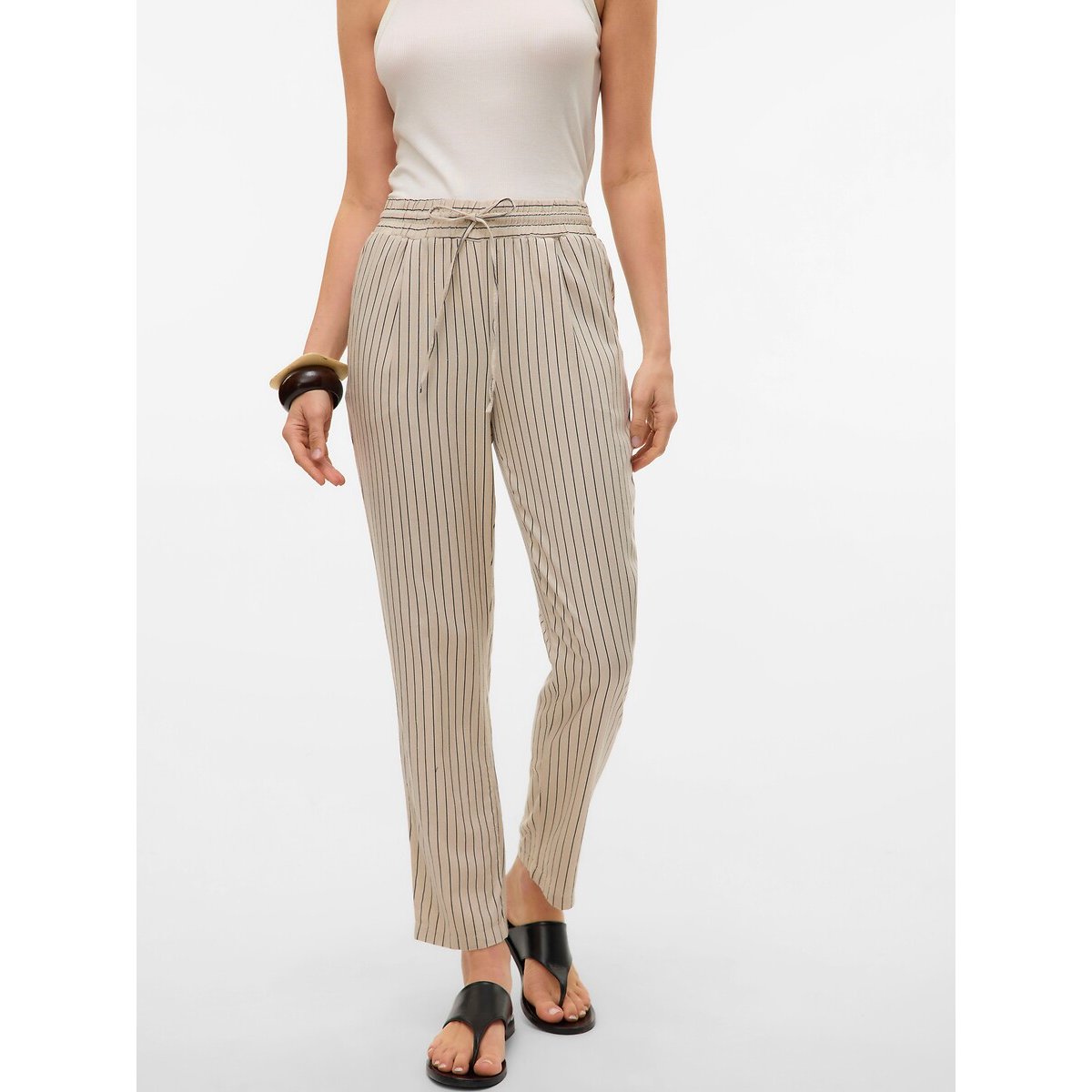 Pantalon droit taille haute ecru/noir, VERO MODA