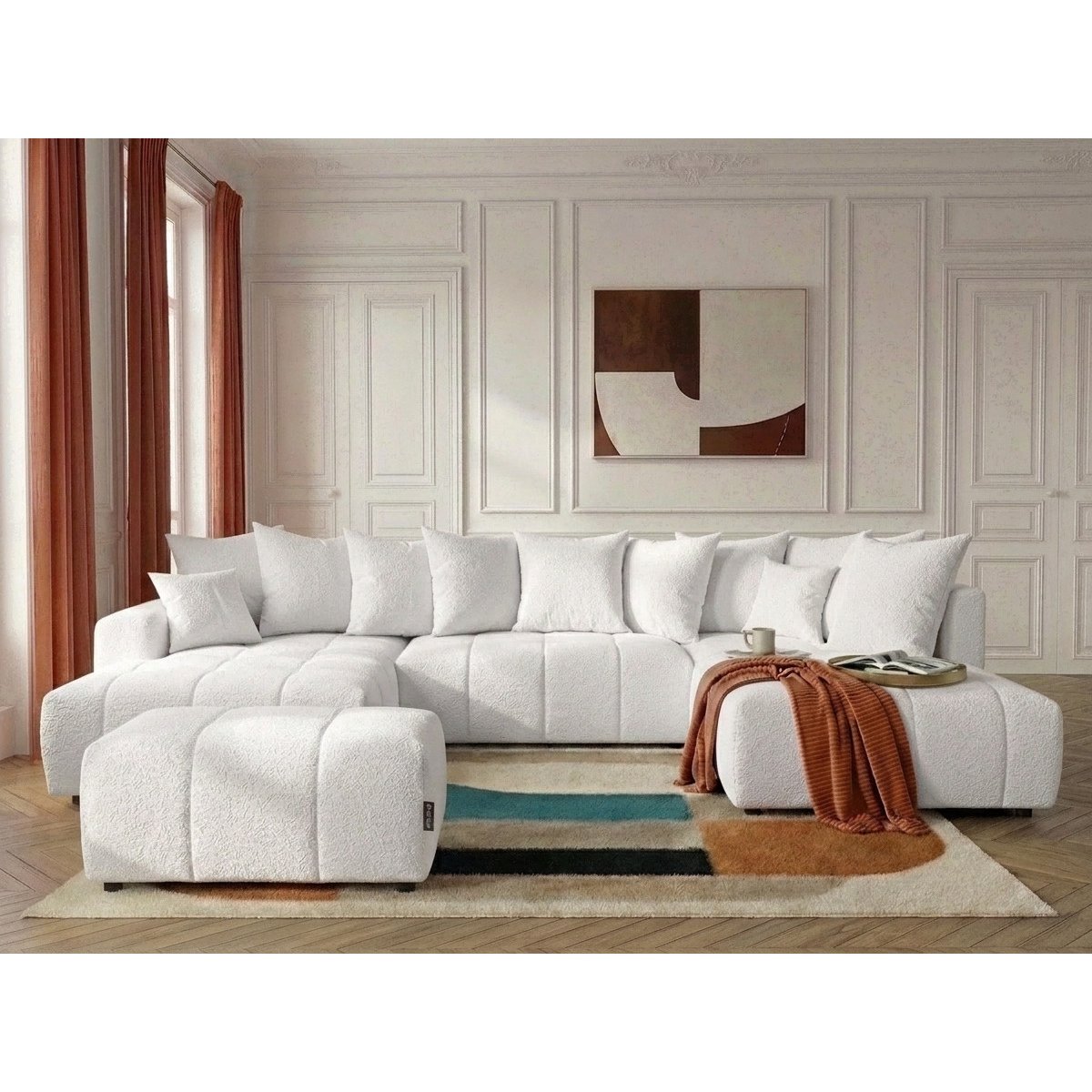 Canapé panoramique convertible 6 places en tissu bouclette avec pouf, ROXELANE blanc, BOBOCHIC
