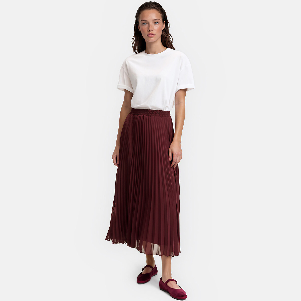 Falda evasé plisada, larga rojo burdeos, LA REDOUTE COLLECTIONS