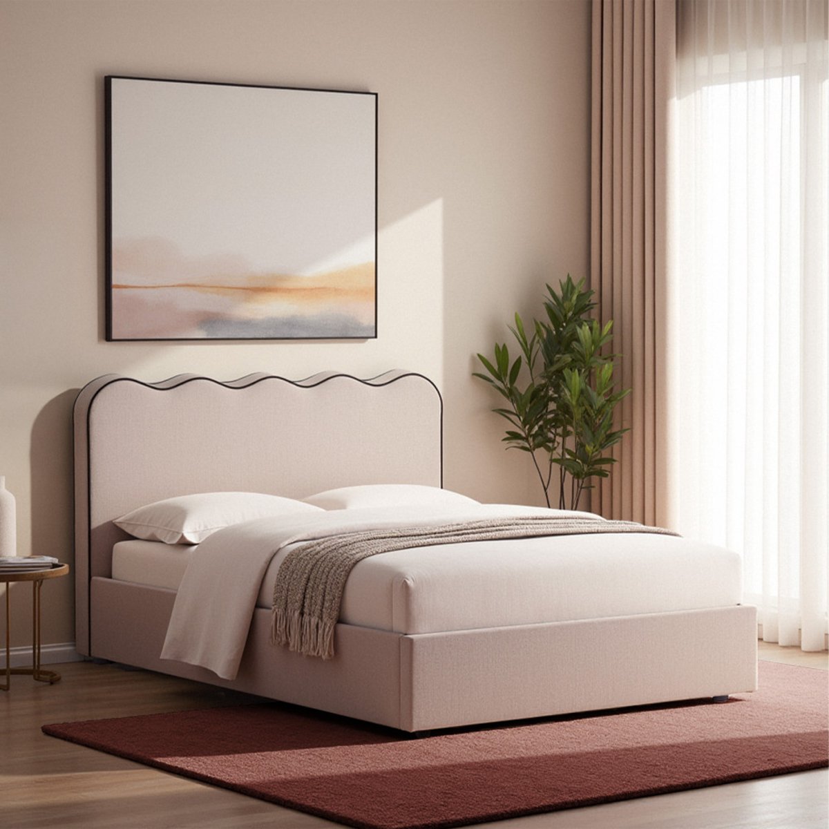 Lit coffre en tissu avec tête de lit ondulée 160x200cm- NAGOYA beige, DRAWER