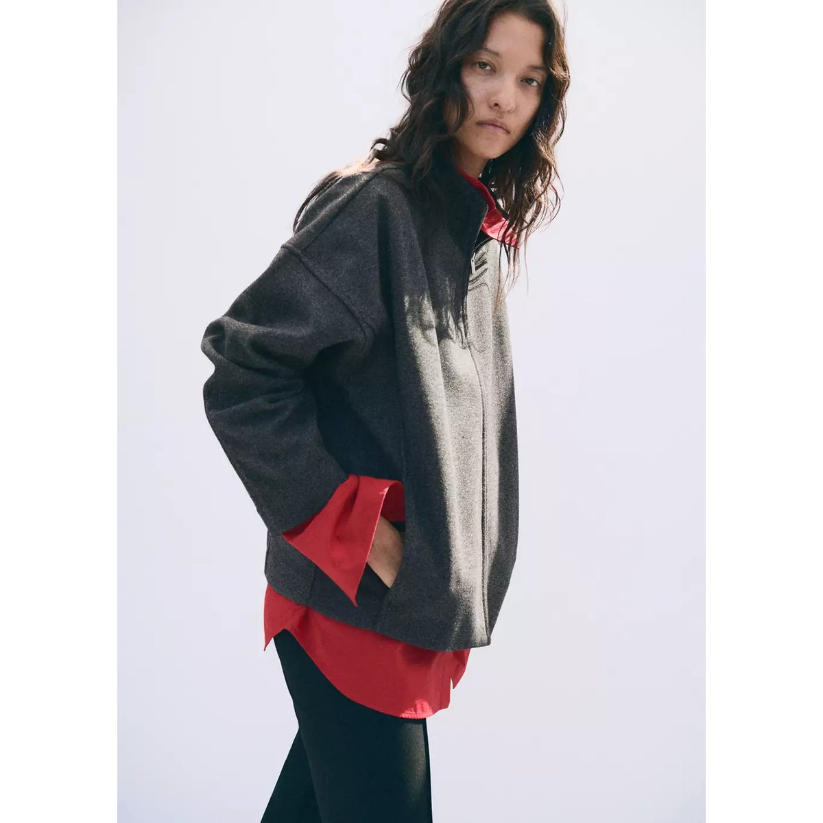 Veste texturée à col montant gris, MANGO