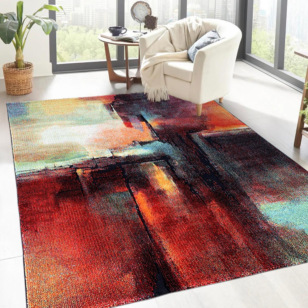 Tapis chambre tissé motif abstrait TABOR rouge, vert, jaune, multicolore, UN AMOUR DE TAPIS