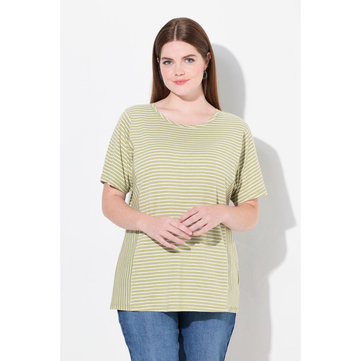 T-shirt rayé à col rond et manches courtes algue, ULLA POPKEN