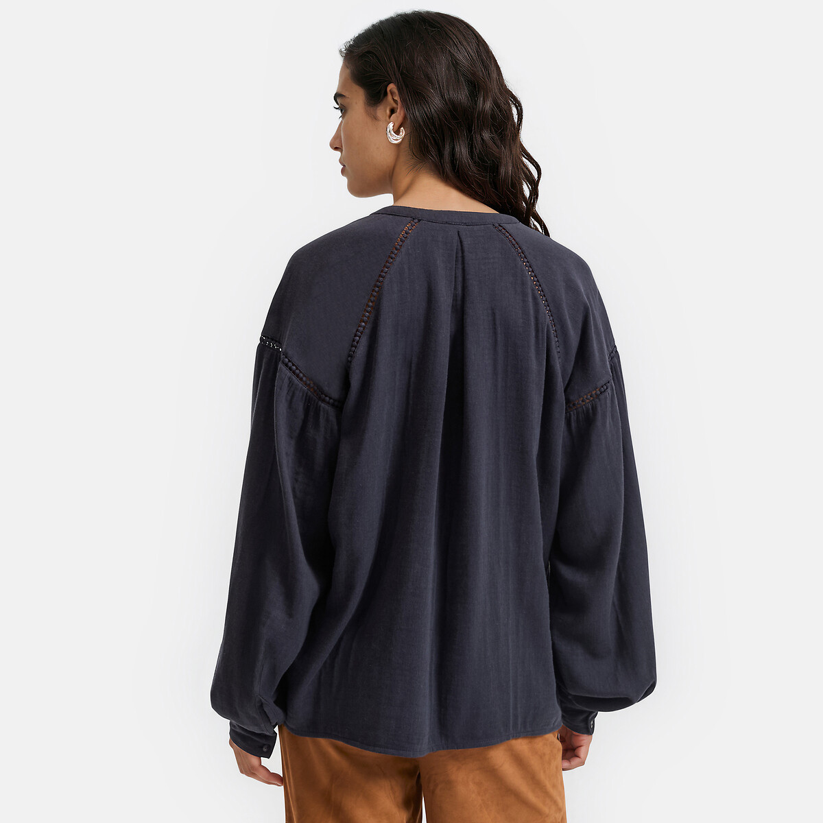 Blouse col rond manches longues avec détails ajourés bleu marine, LA REDOUTE COLLECTIONS