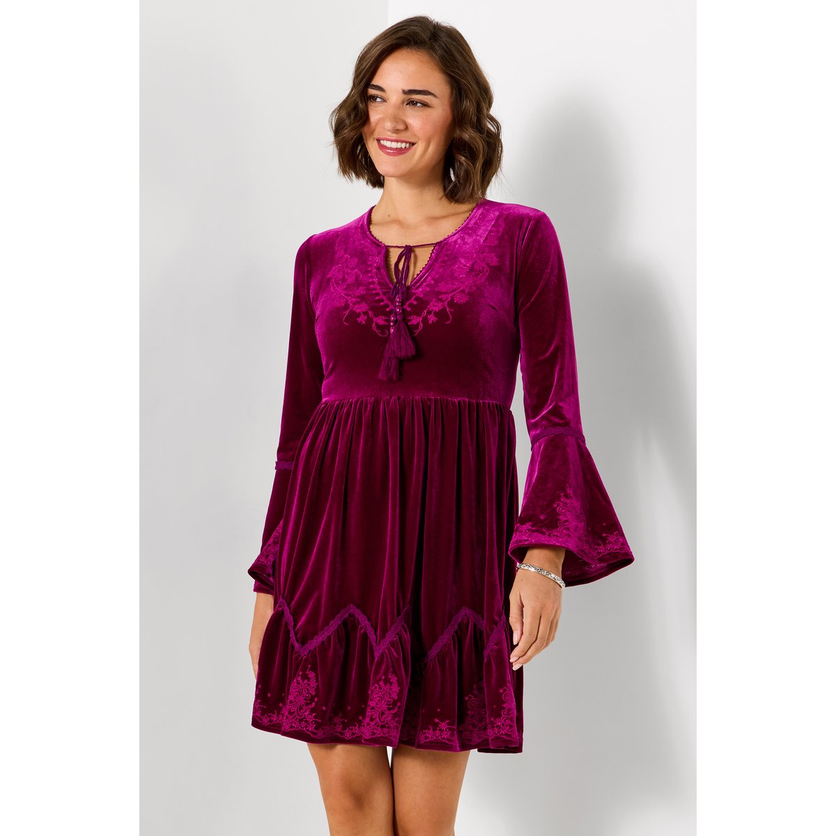 Robe Tunique Brodée en Velours Darcie rose, JOE BROWNS