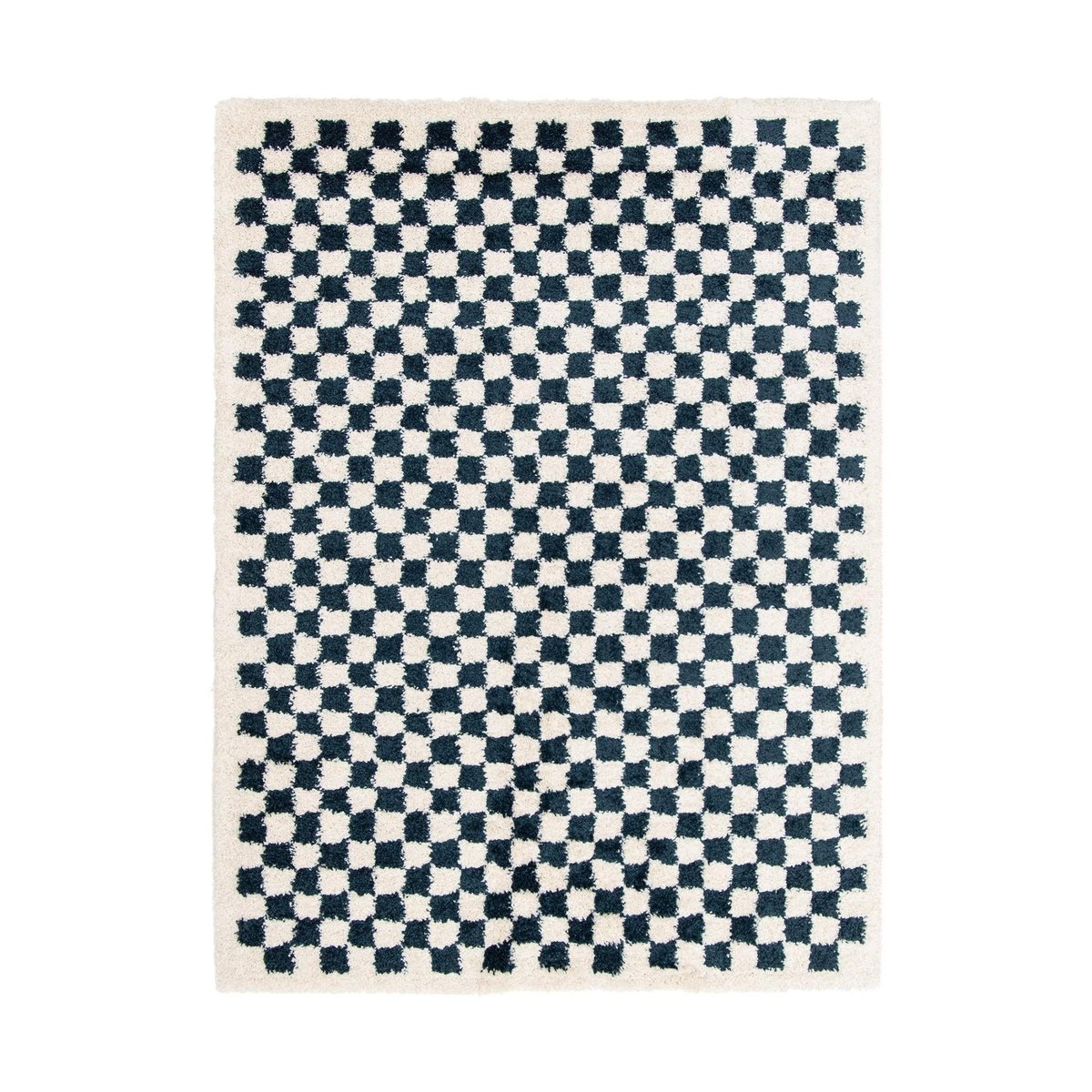 Tapis damier poils longs doux et volumineux CHECKERS bleu naturel, AFK LIVING