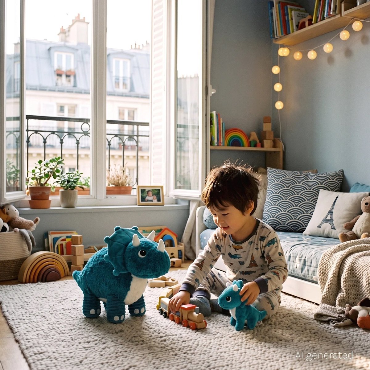 Peluche tricératops maman et son bébé bleu paon, LES DEGLINGOS
