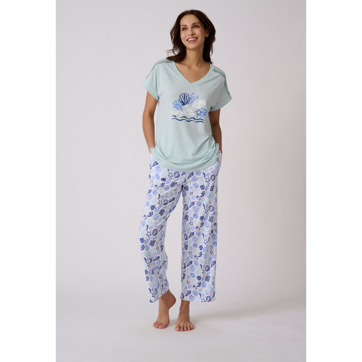 Pyjama 7/8ème Climatyl en maille jersey blanc bleu clair imp., DAMART