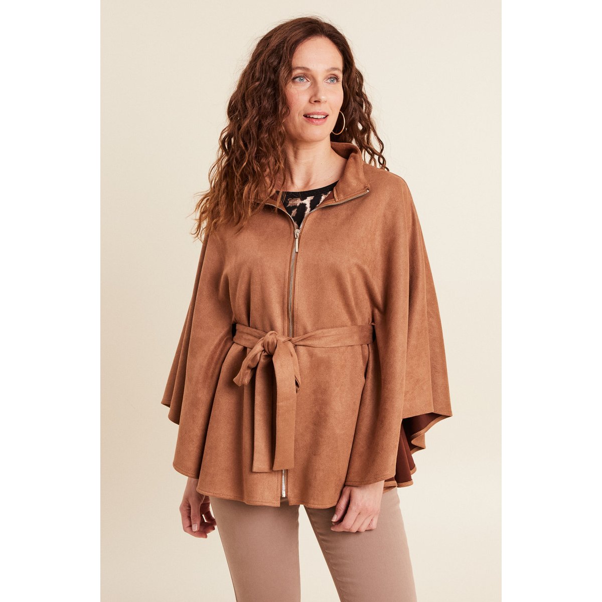 Poncho ceinturé fermeture zippée marron clair, BREAL