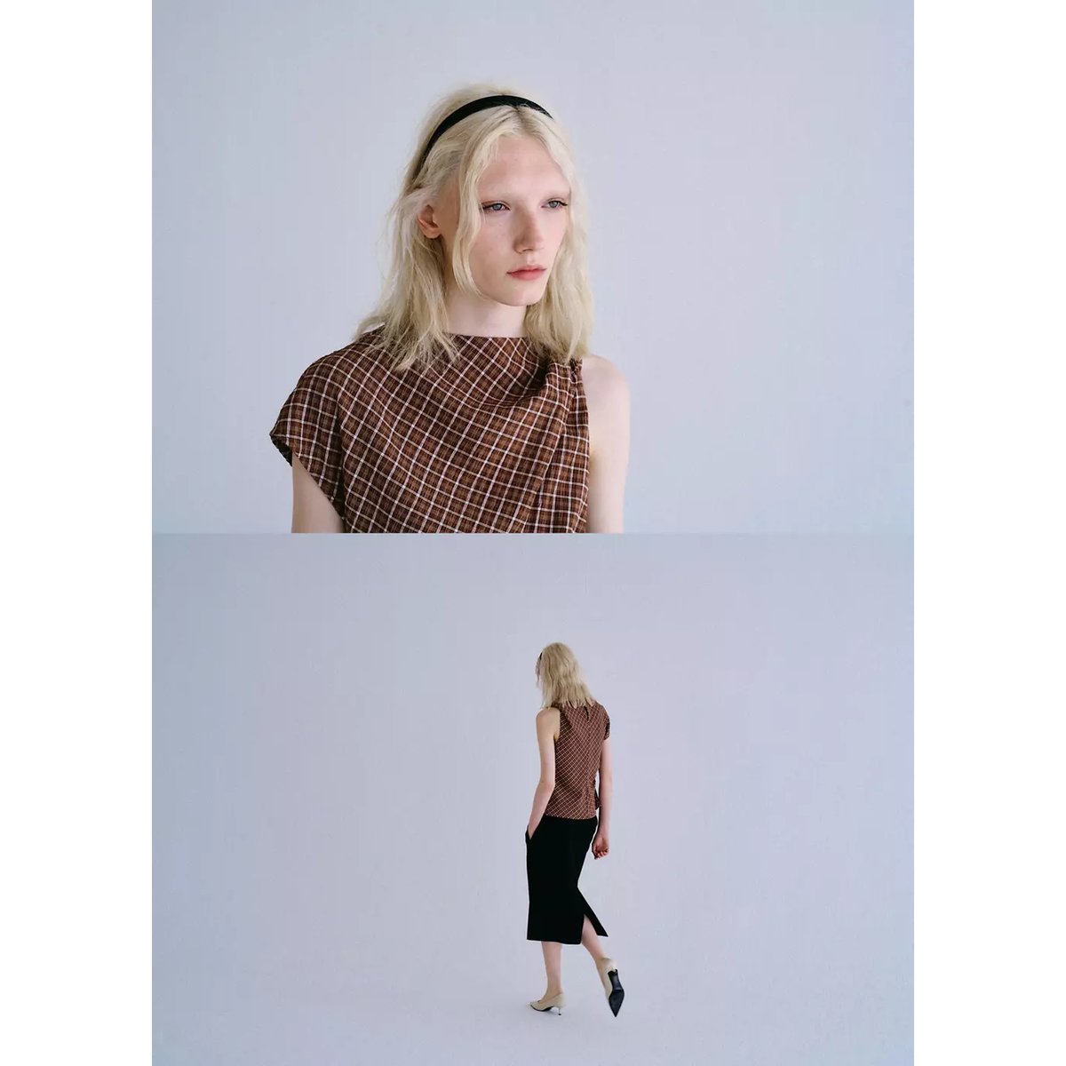Blouse carreaux asymétrique marron, MANGO