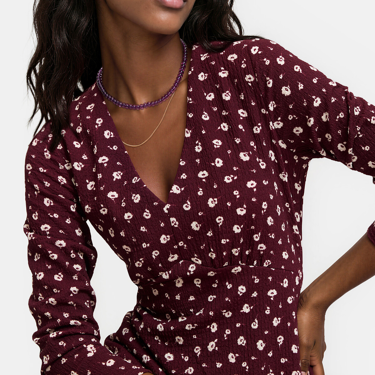 Robe longue imprimé floral évasée à col V et manches longues imprimé fleurs fond bordeaux, LA REDOUTE COLLECTIONS