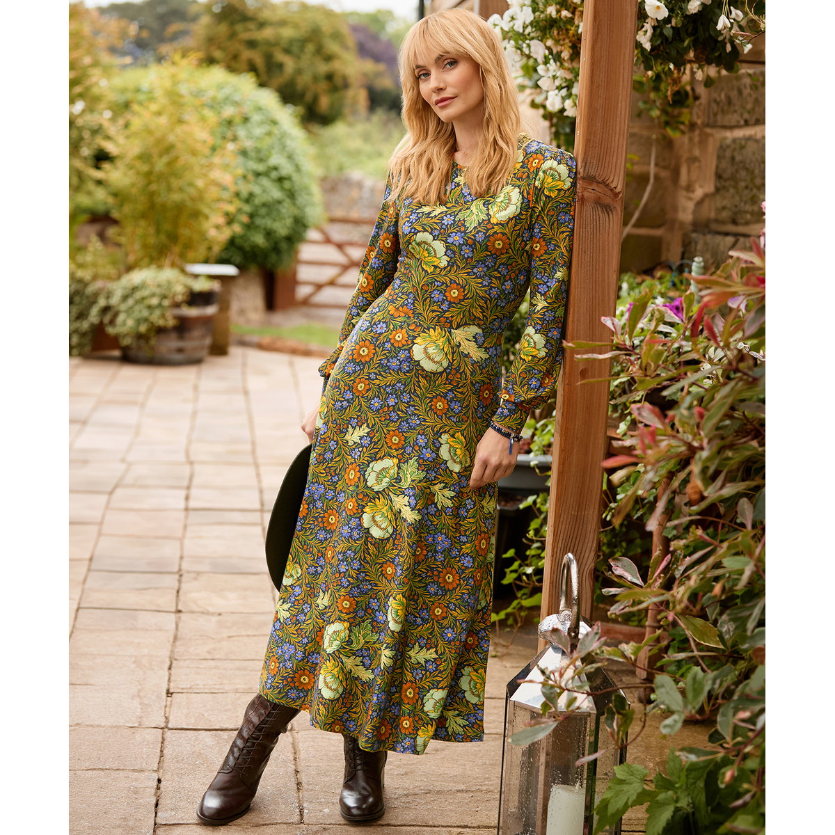 Robe Longue en Jersey à Manches Longues Fleurs Vintage vert, JOE BROWNS