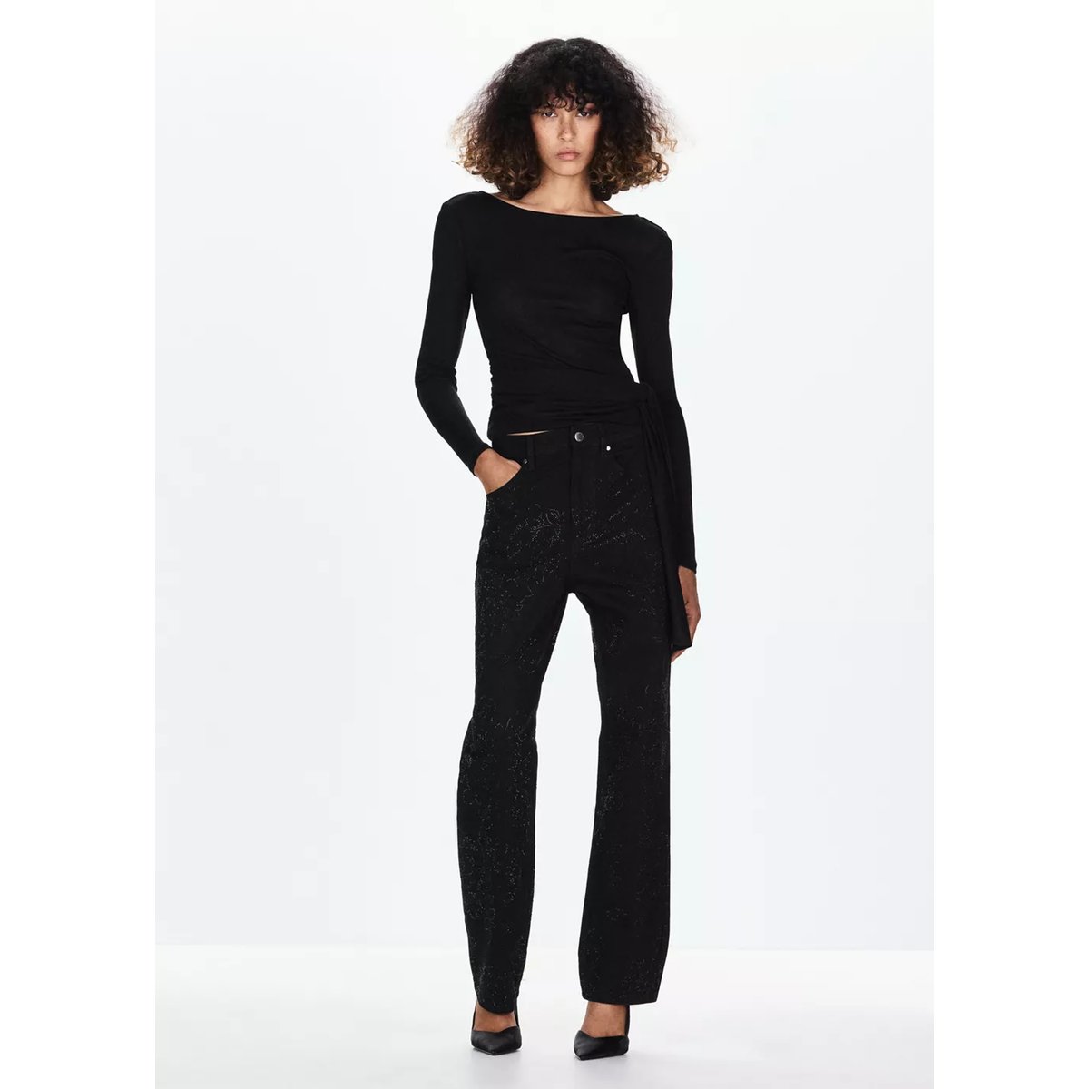 Jean droit détail cristaux black denim, MANGO