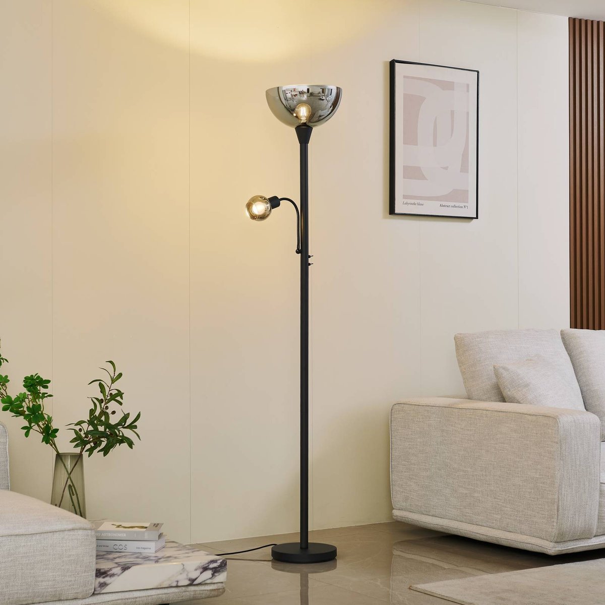 Lampadaire en métal moderne, Nehemia gris, noir, LINDBY