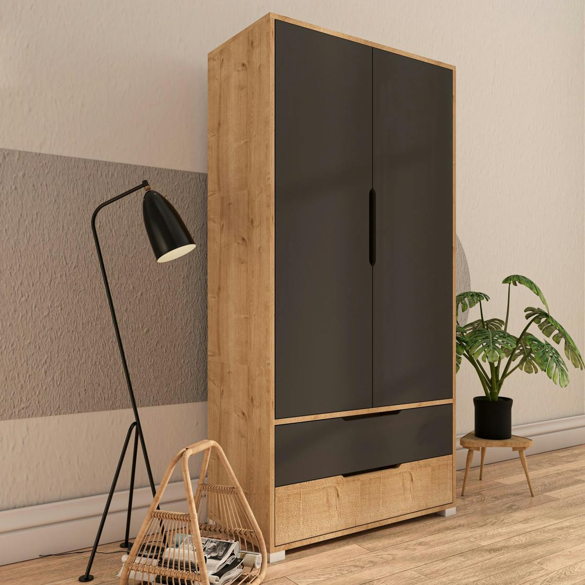 Penderie 2 portes - 2 tiroirs BYRON anthracite, PIER IMPORT